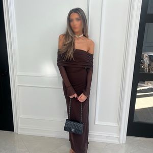 Meshki Josie Off Shoulder Mesh Maxi Dress - Dark Brown